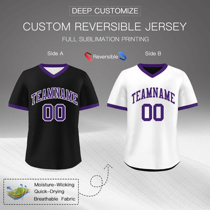 Custom White Black Purple Reversible Pullover Baseball Jersey Classic Style Quick Dry