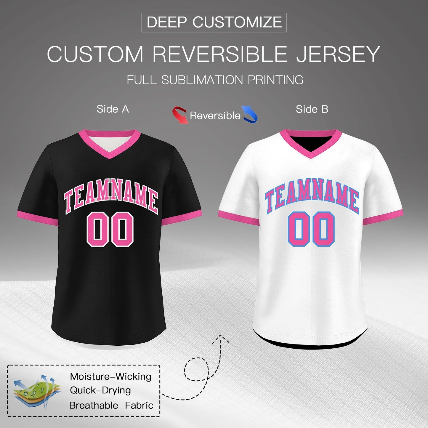 Custom White Black Pink Reversible Pullover Baseball Jersey Classic Style Breathable