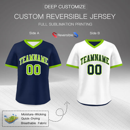 Custom White Navy Neon Green Reversible Pullover Baseball Jersey Classic Style Quick Dry