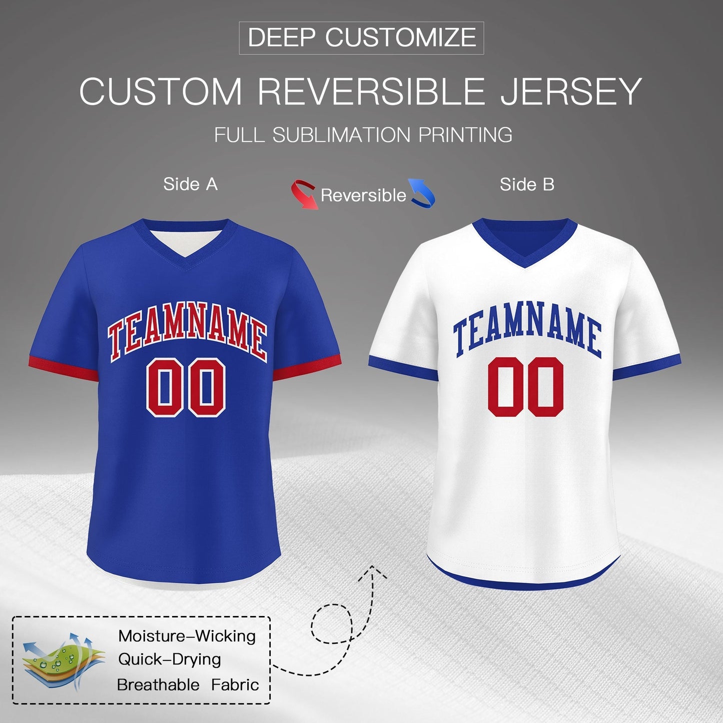 Custom Royal Blue White Red Reversible Pullover Baseball Jersey Classic Style Breathable