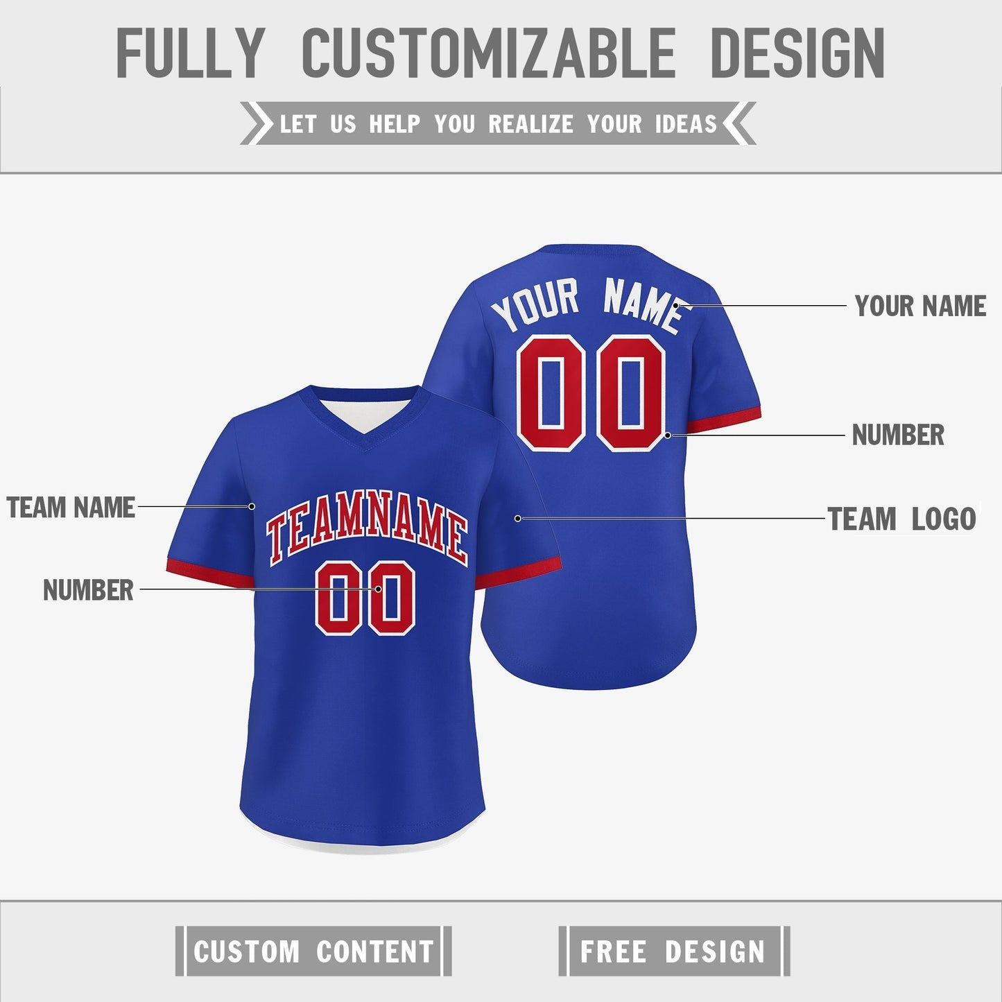 Custom Royal Blue White Red Reversible Pullover Baseball Jersey Classic Style Breathable