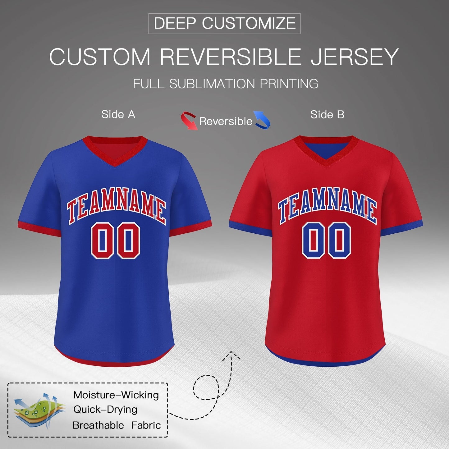 Custom Royal Blue Red Reversible Pullover Baseball Jersey Classic Style Quick Dry