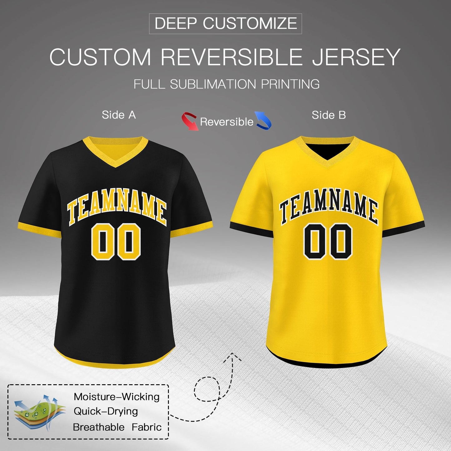 Custom Gold Black Reversible Pullover Baseball Jersey Classic Style Quick Dry