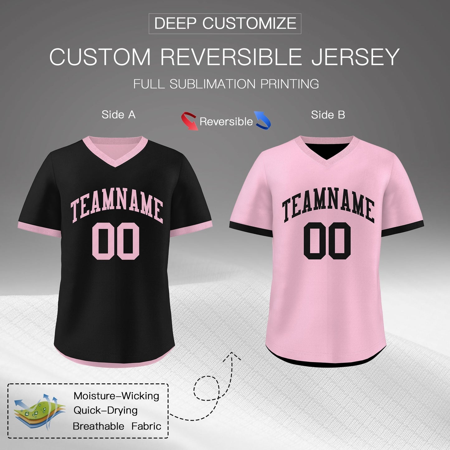Custom Light Pink Black Reversible Pullover Baseball Jersey Classic Style Breathable