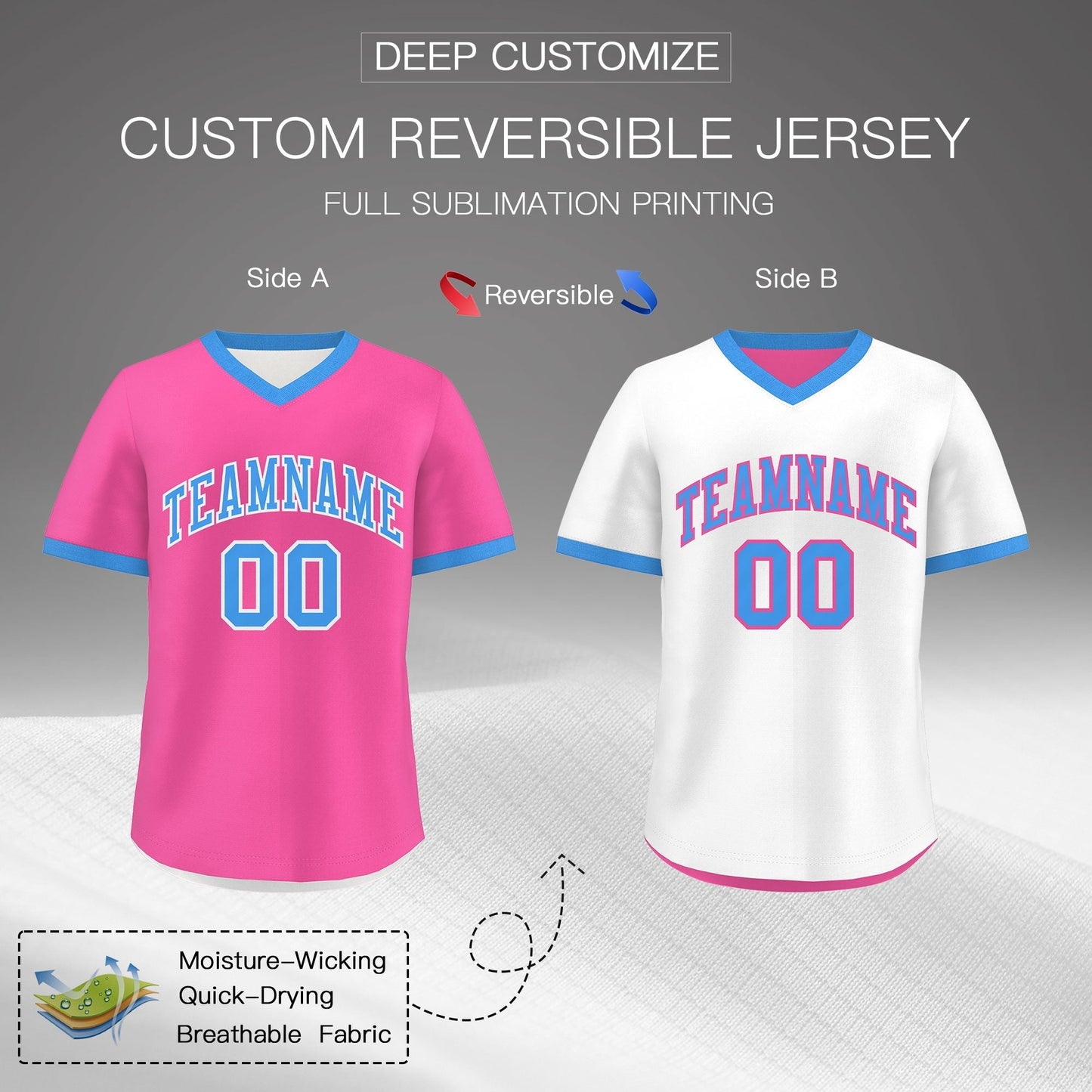 Custom White Pink Powder Blue Reversible Pullover Baseball Jersey Classic Style Quick Dry