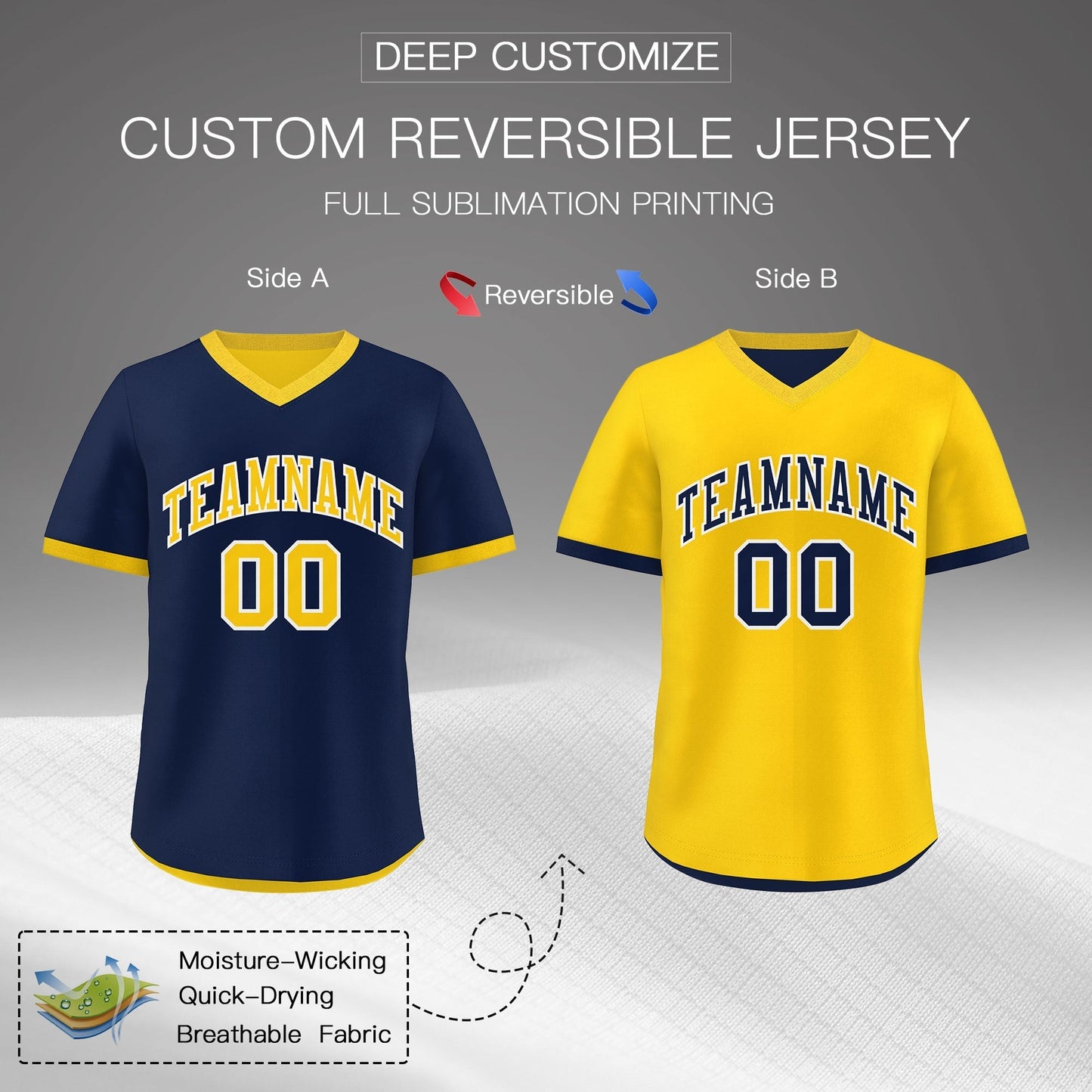 Custom Navy Gold White Reversible Pullover Baseball Jersey Classic Style Lightweight