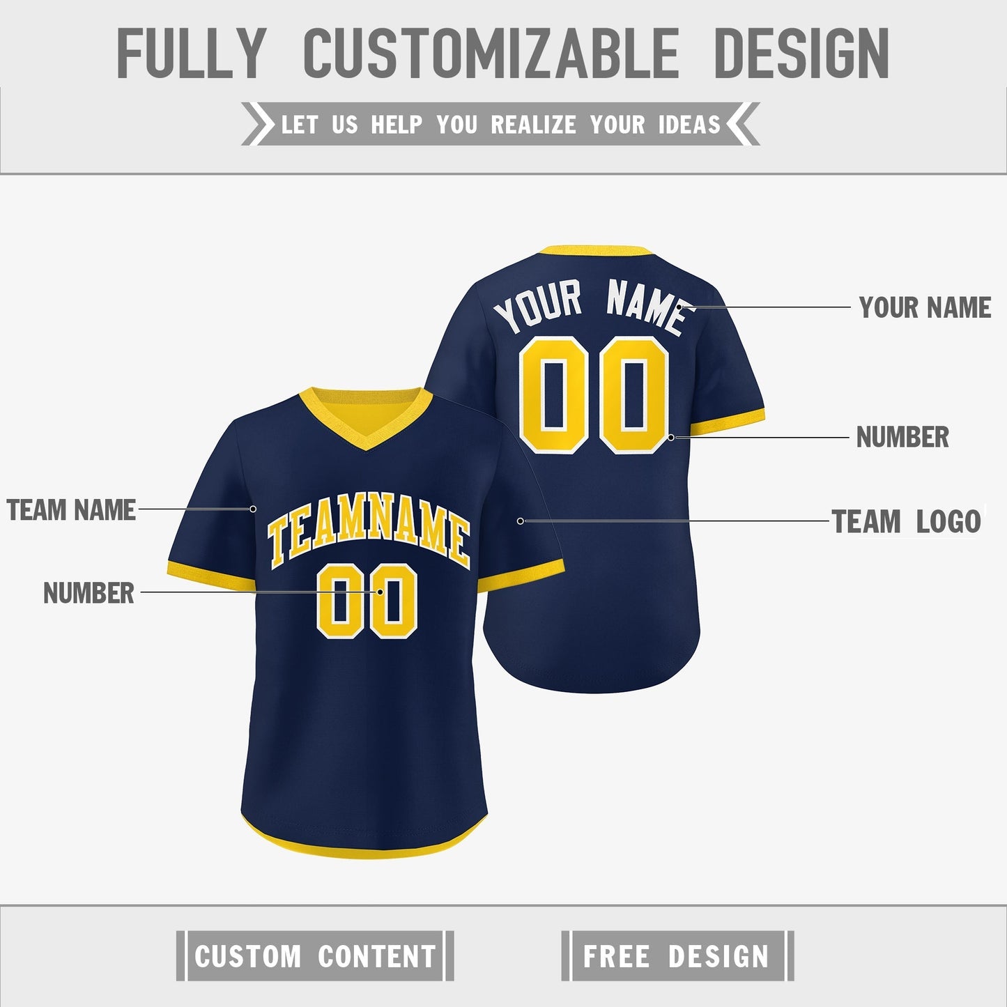 Custom Navy Gold White Reversible Pullover Baseball Jersey Classic Style Lightweight