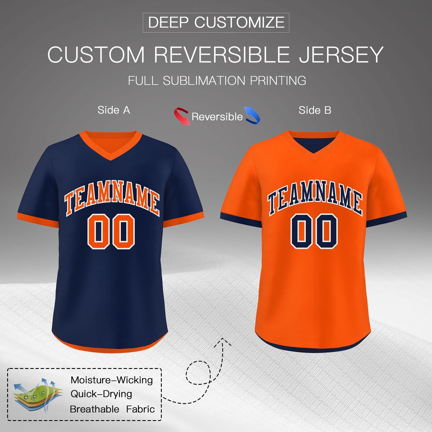Custom Navy Orange Reversible Pullover Baseball Jersey Classic Style Breathable
