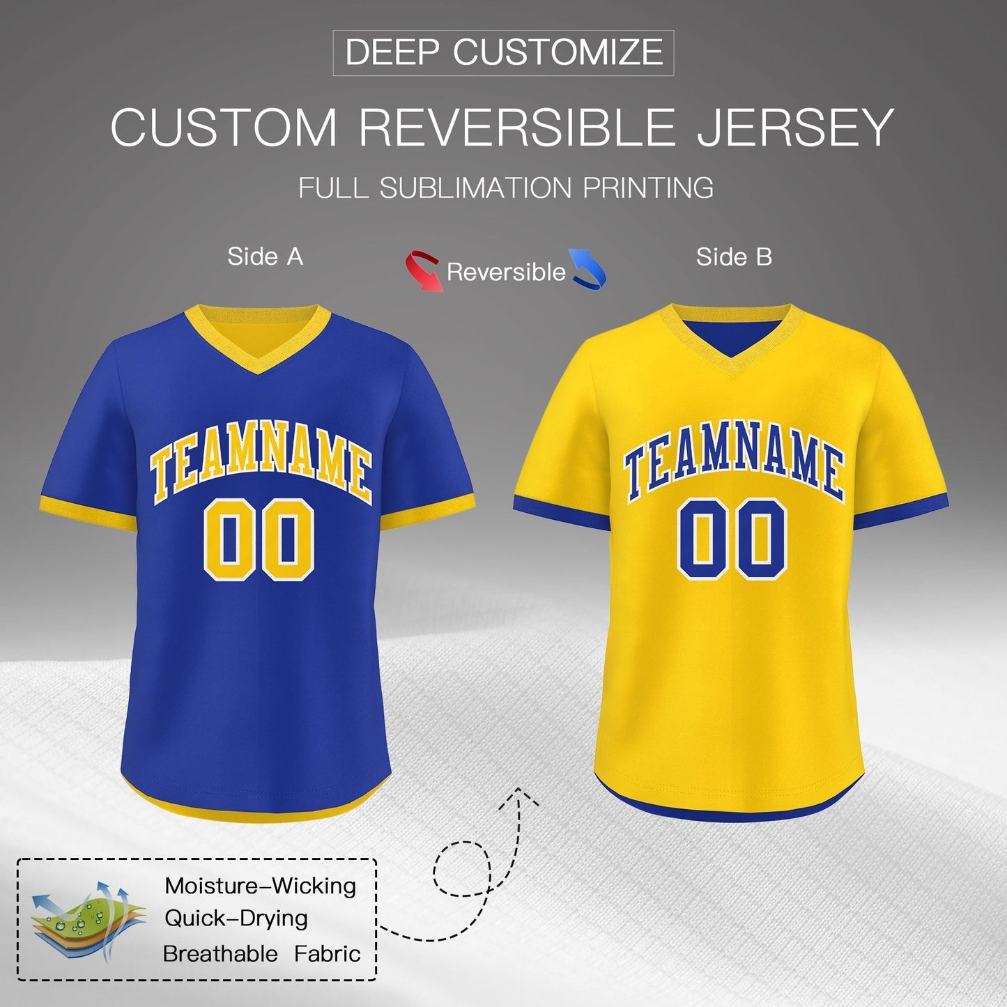 Custom Gold Royal Blue Reversible Pullover Baseball Jersey Classic Style Breathable
