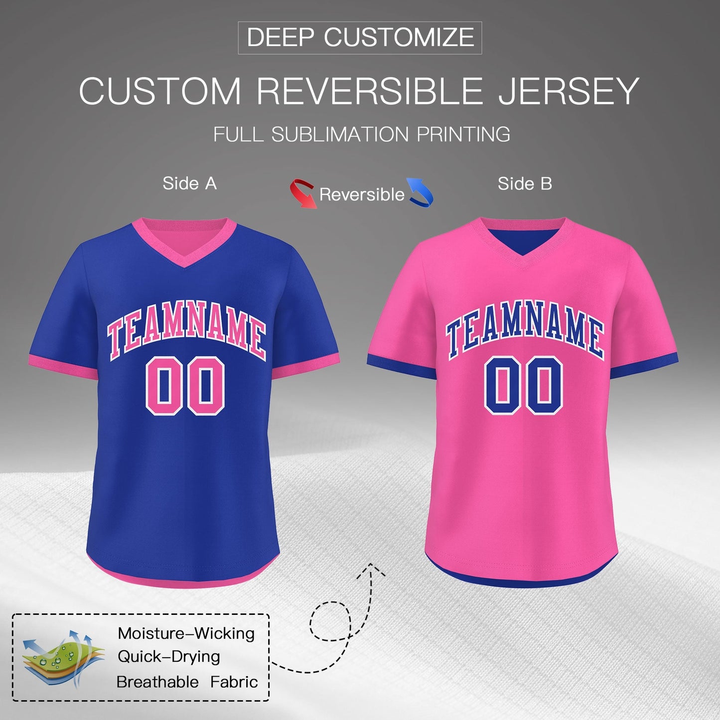 Custom Pink Royal Blue Reversible Pullover Baseball Jersey Classic Style Quick Dry