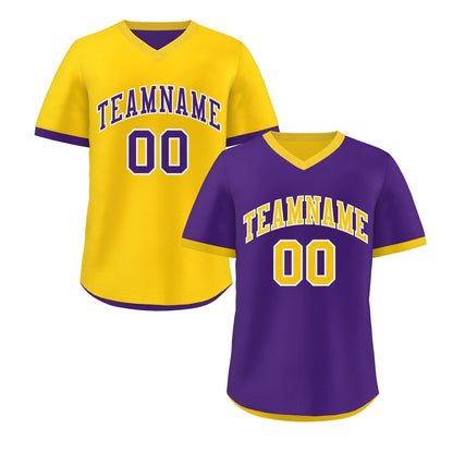 Custom Purple Gold Reversible Pullover Baseball Jersey Classic Style Breathable