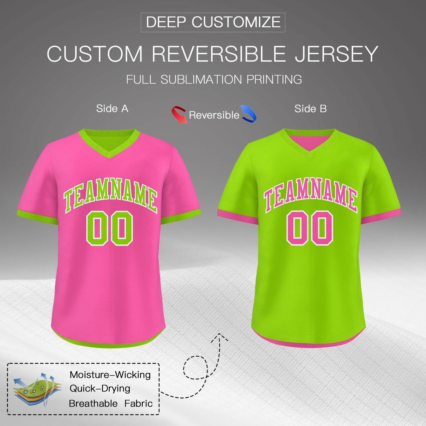 Custom Neon Green Pink Reversible Pullover Baseball Jersey Classic Style Quick Dry
