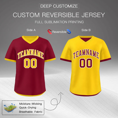 Custom Gold Red Reversible Pullover Baseball Jersey Classic Style Breathable