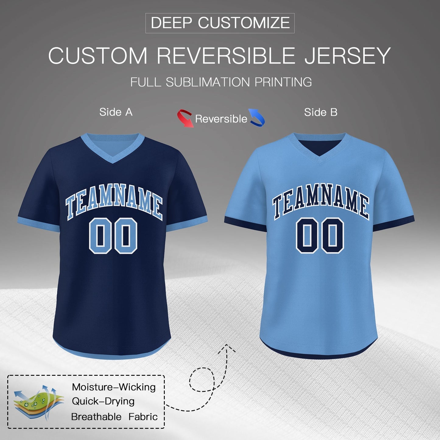 Custom Light Blue Navy Reversible Pullover Baseball Jersey Classic Style Lightweight