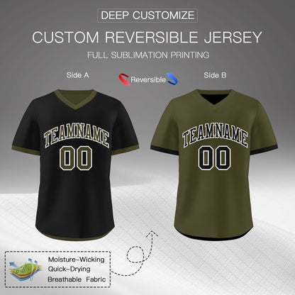 Custom Olive Black Reversible Pullover Baseball Jersey Classic Style Breathable
