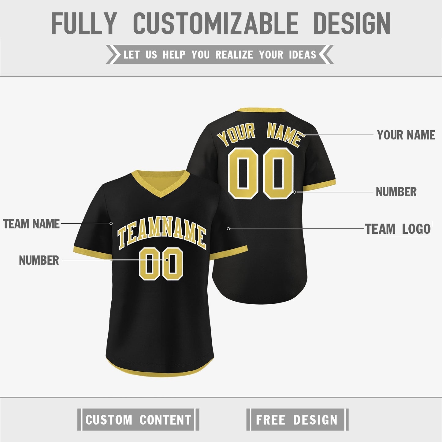 Custom Old Gold Black Reversible Pullover Baseball Jersey Classic Style Lightweight