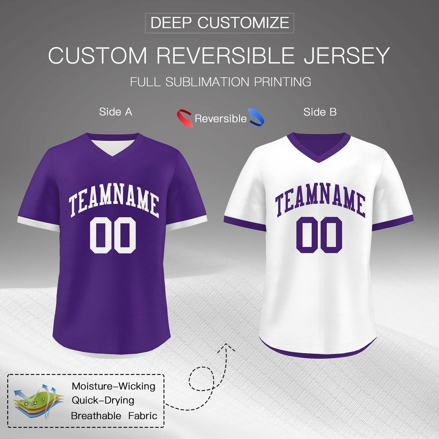 Custom Purple White Reversible Pullover Baseball Jersey Classic Style Breathable