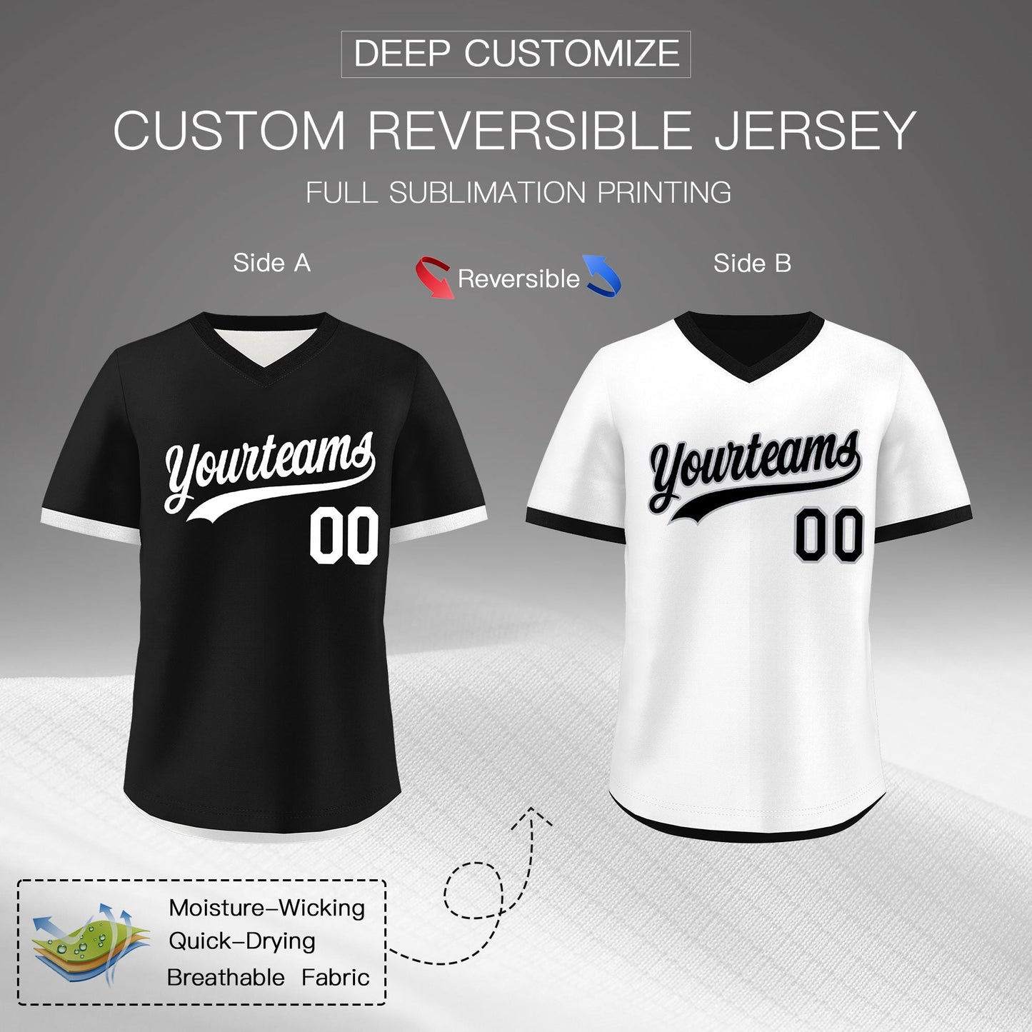 Custom Black White Reversible Pullover Baseball Jersey Classic Style Breathable