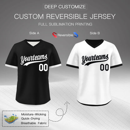 Custom Black White Reversible Pullover Baseball Jersey Classic Style Breathable
