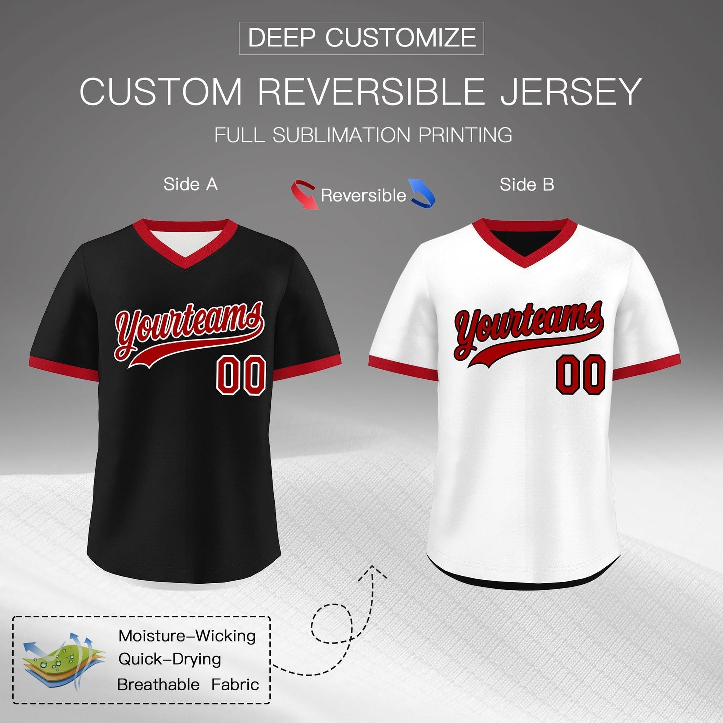 Custom White Black Red Reversible Pullover Baseball Jersey Classic Style Quick Dry