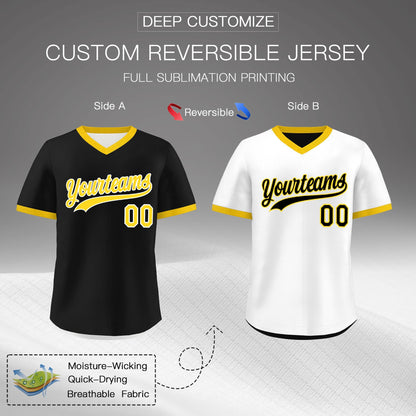 Custom White Black Gold Reversible Pullover Baseball Jersey Classic Style Lightweight