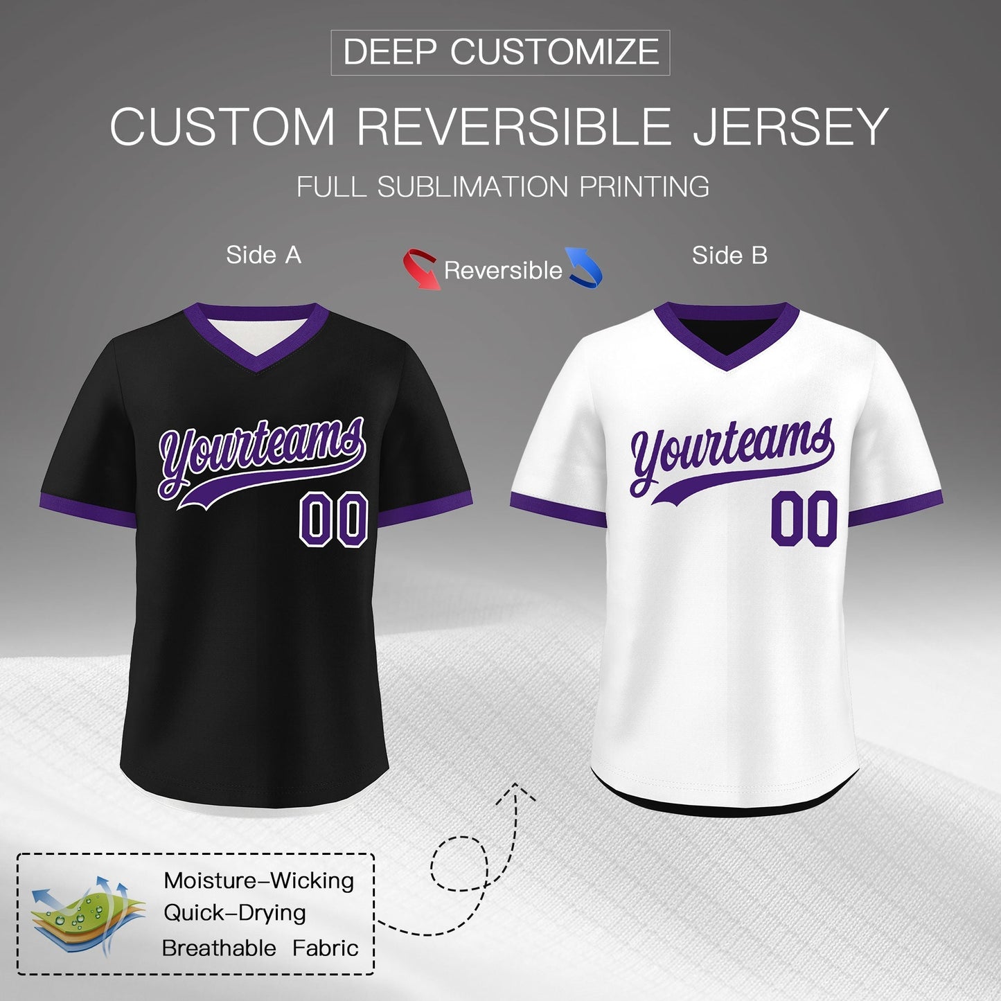 Custom White Black Purple Reversible Pullover Baseball Jersey Classic Style Quick Dry