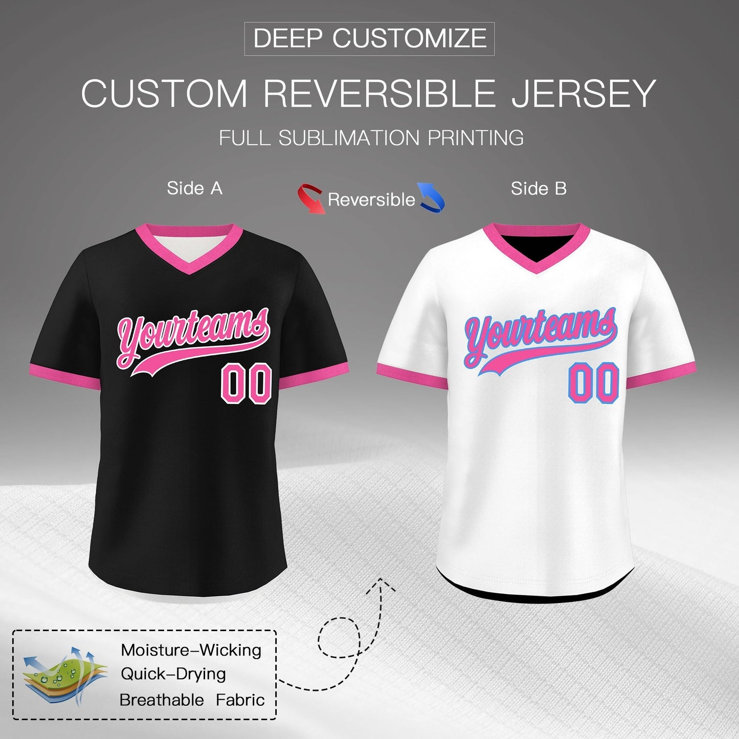 Custom White Black Pink Reversible Pullover Baseball Jersey Classic Style Breathable