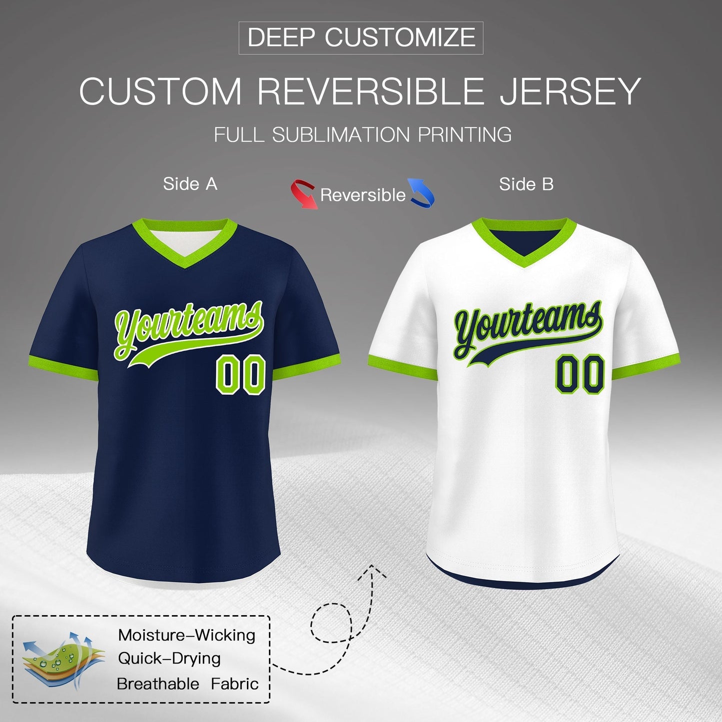 Custom White Navy Neon Green Reversible Pullover Baseball Jersey Classic Style Quick Dry