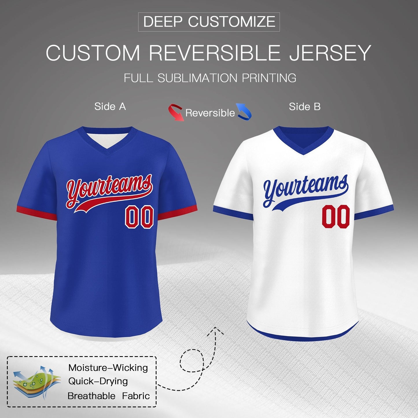 Custom Royal Blue White Red Reversible Pullover Baseball Jersey Classic Style Breathable