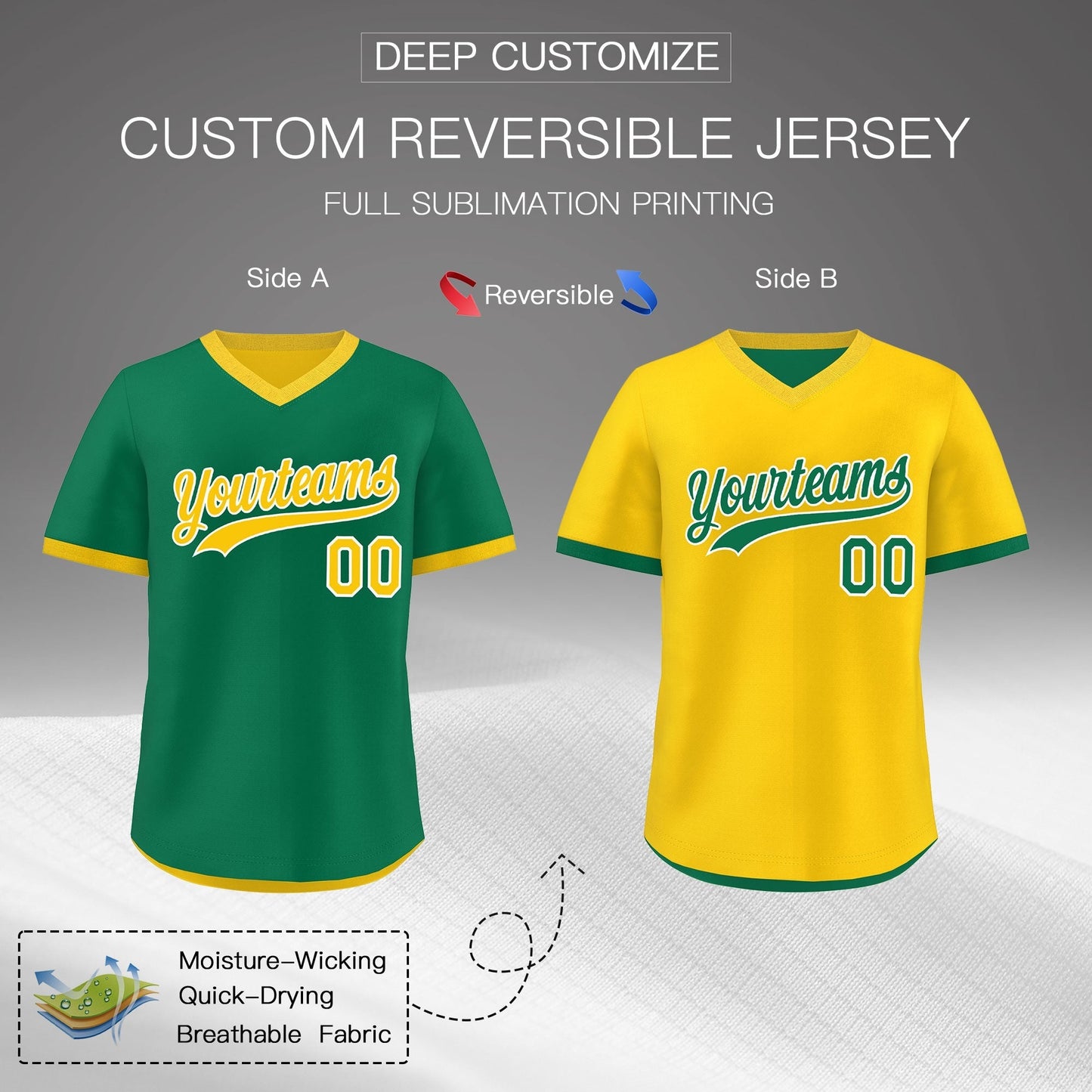 Custom Kelly Green Gold Reversible Pullover Baseball Jersey Classic Style Quick Dry
