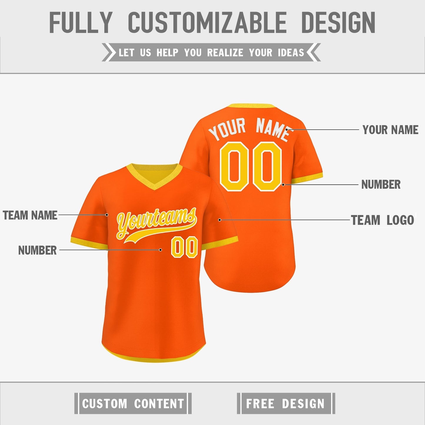Custom Gold Orange Reversible Pullover Baseball Jersey Classic Style Lightweight