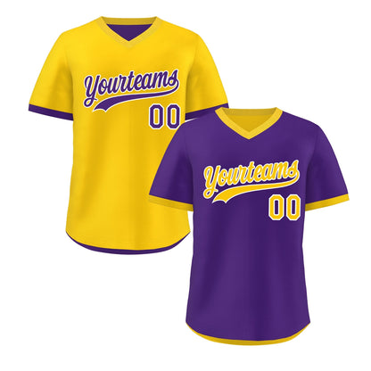 Custom Purple Gold Reversible Pullover Baseball Jersey Classic Style Breathable