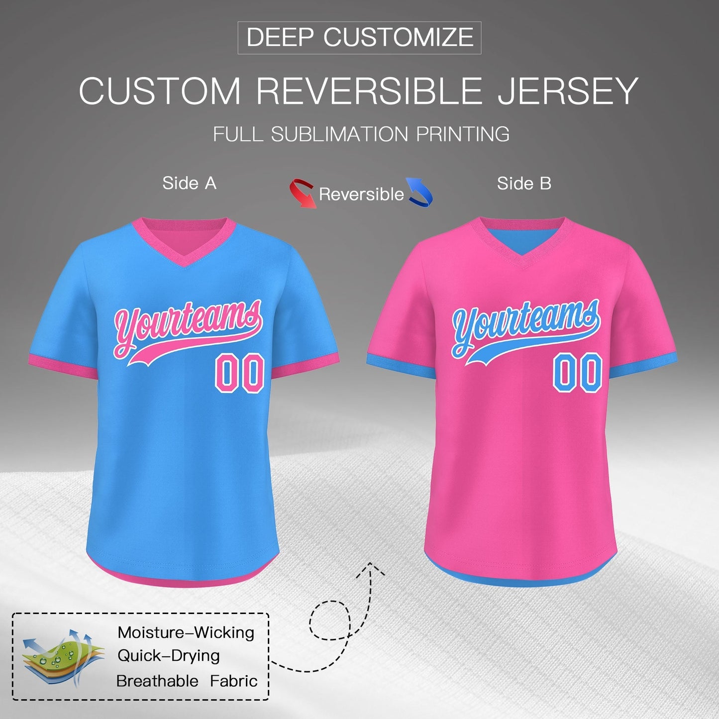 Custom Pink Powder Blue Reversible Pullover Baseball Jersey Classic Style Breathable