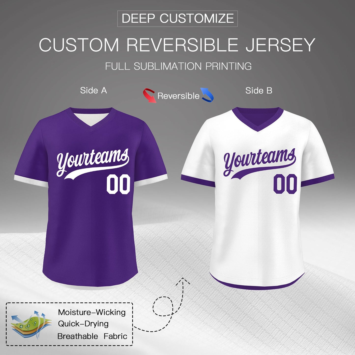 Custom Purple White Reversible Pullover Baseball Jersey Classic Style Breathable