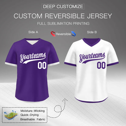 Custom Purple White Reversible Pullover Baseball Jersey Classic Style Breathable