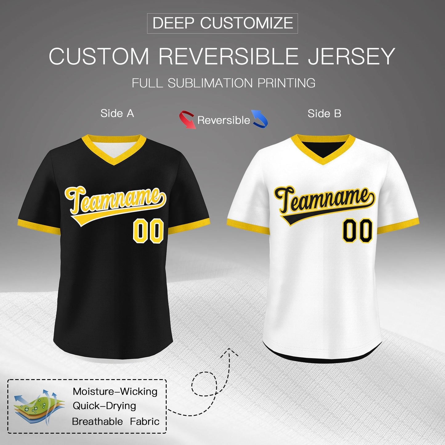 Custom White Black Gold Reversible Pullover Baseball Jersey Classic Style Lightweight