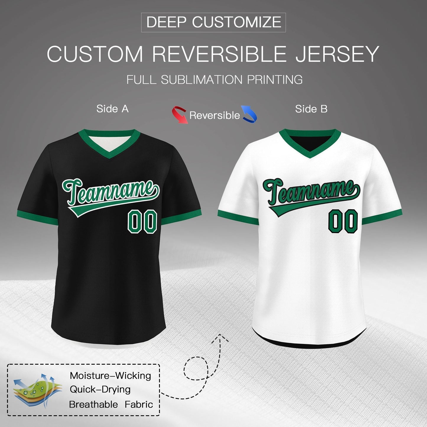 Custom White Black Kelly Green Reversible Pullover Baseball Jersey Classic Style Breathable