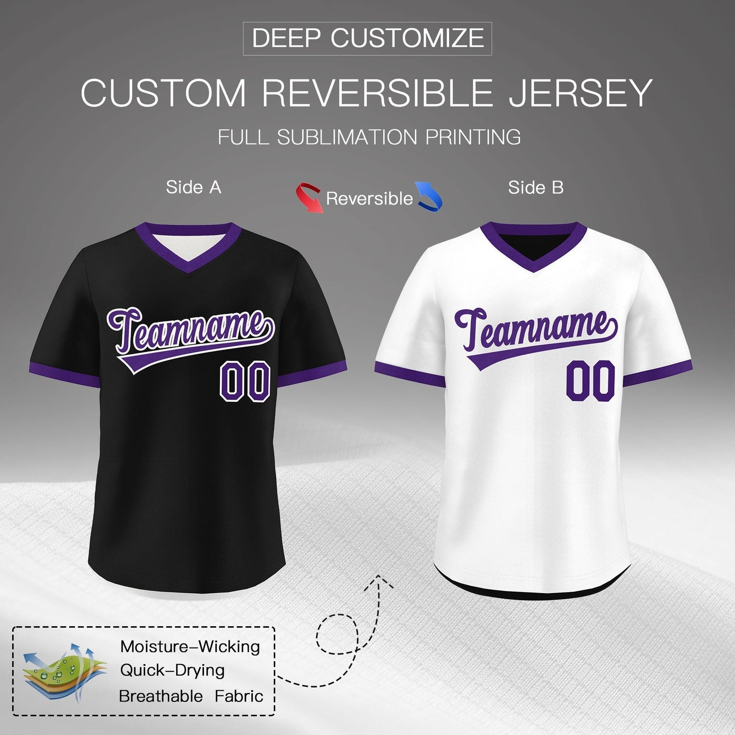 Custom White Black Purple Reversible Pullover Baseball Jersey Classic Style Quick Dry