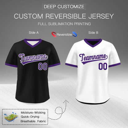 Custom White Black Purple Reversible Pullover Baseball Jersey Classic Style Quick Dry