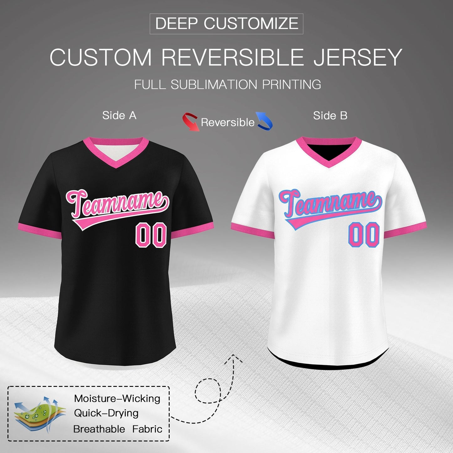 Custom White Black Pink Reversible Pullover Baseball Jersey Classic Style Breathable