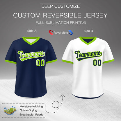 Custom White Navy Neon Green Reversible Pullover Baseball Jersey Classic Style Quick Dry