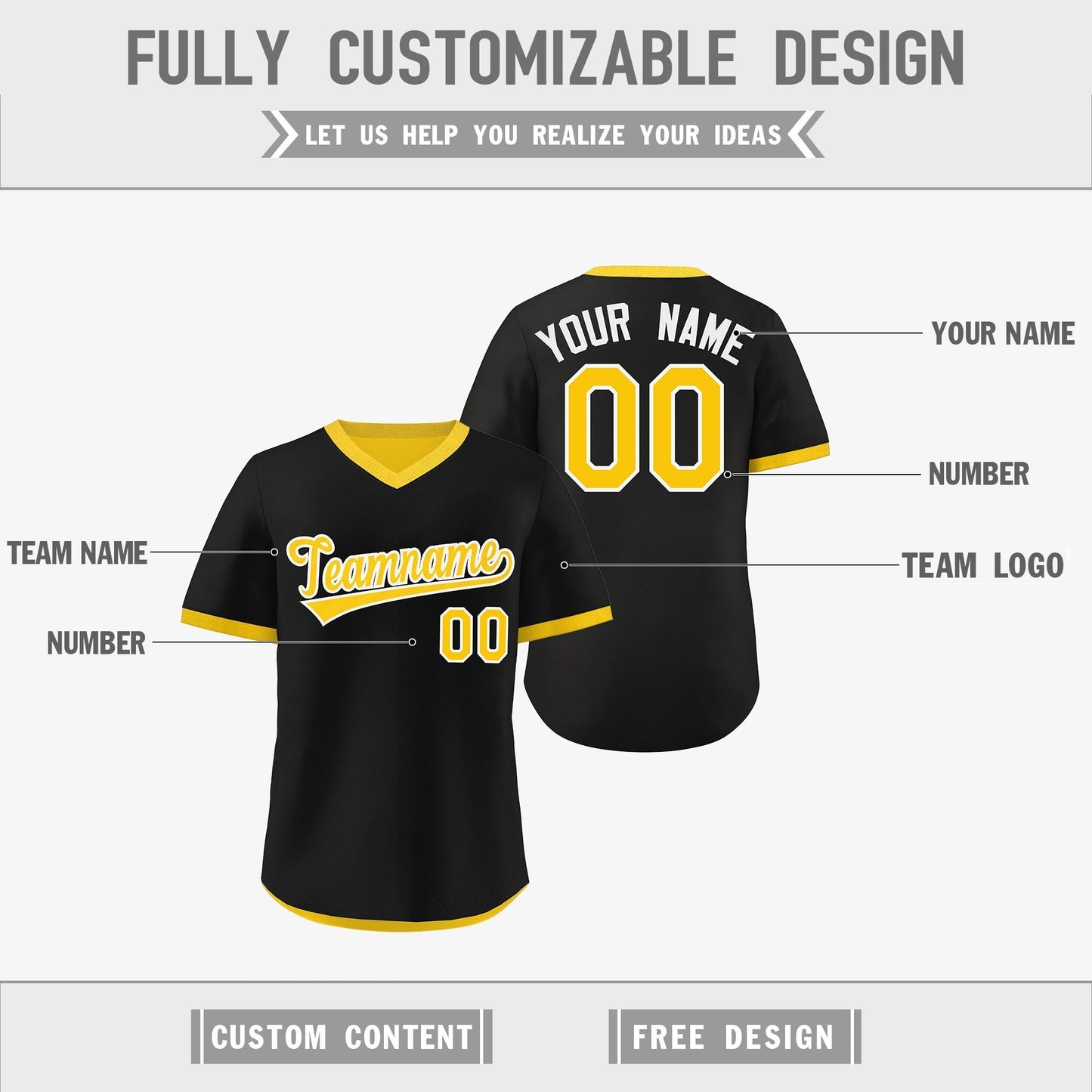 Custom Gold Black Reversible Pullover Baseball Jersey Classic Style Quick Dry
