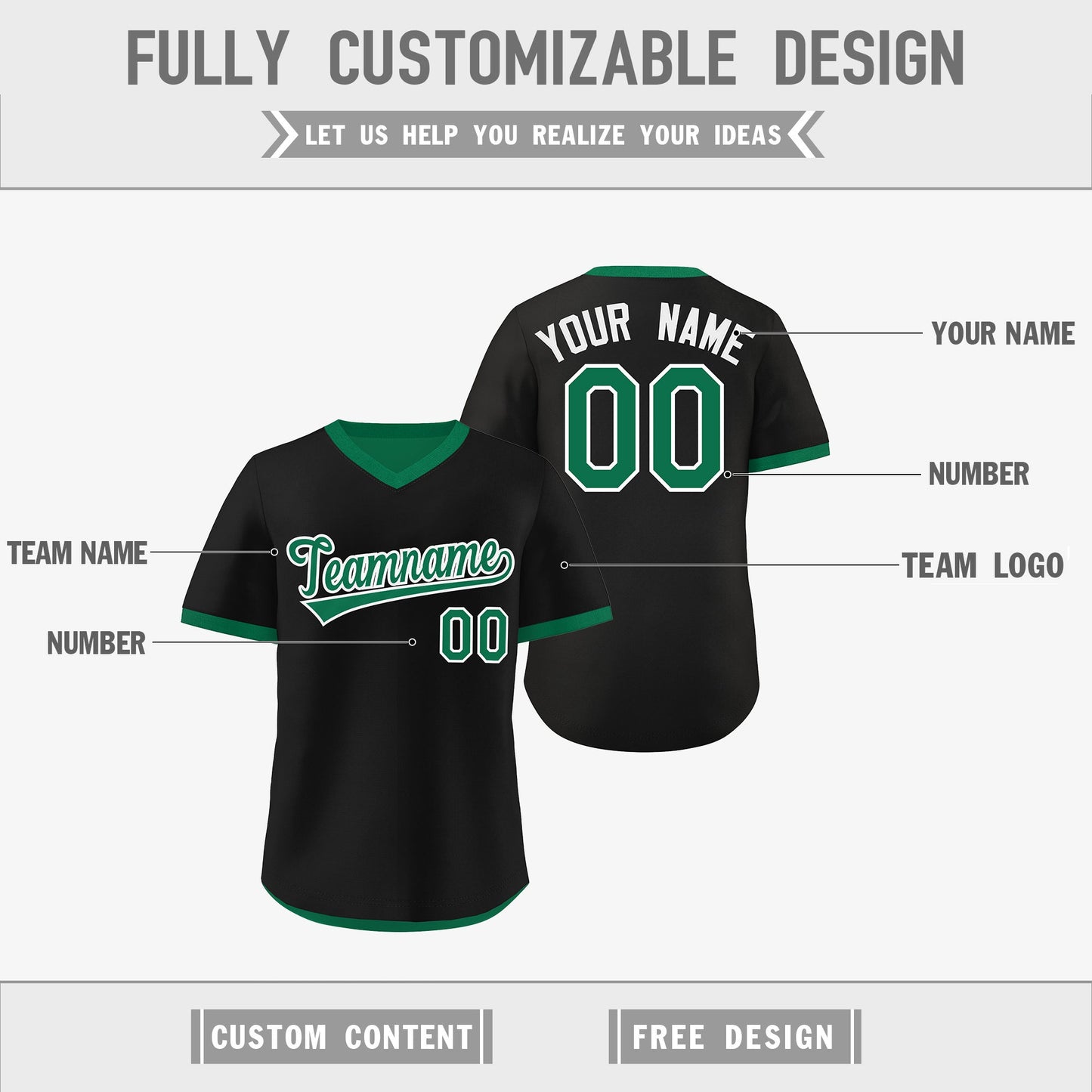 Custom Kelly Green Black Reversible Pullover Baseball Jersey Classic Style Lightweight