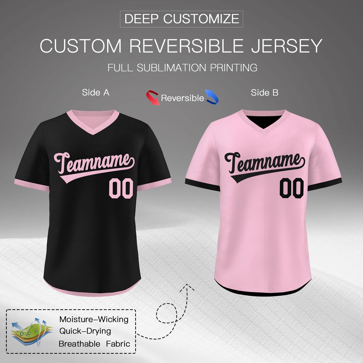 Custom Light Pink Black Reversible Pullover Baseball Jersey Classic Style Breathable