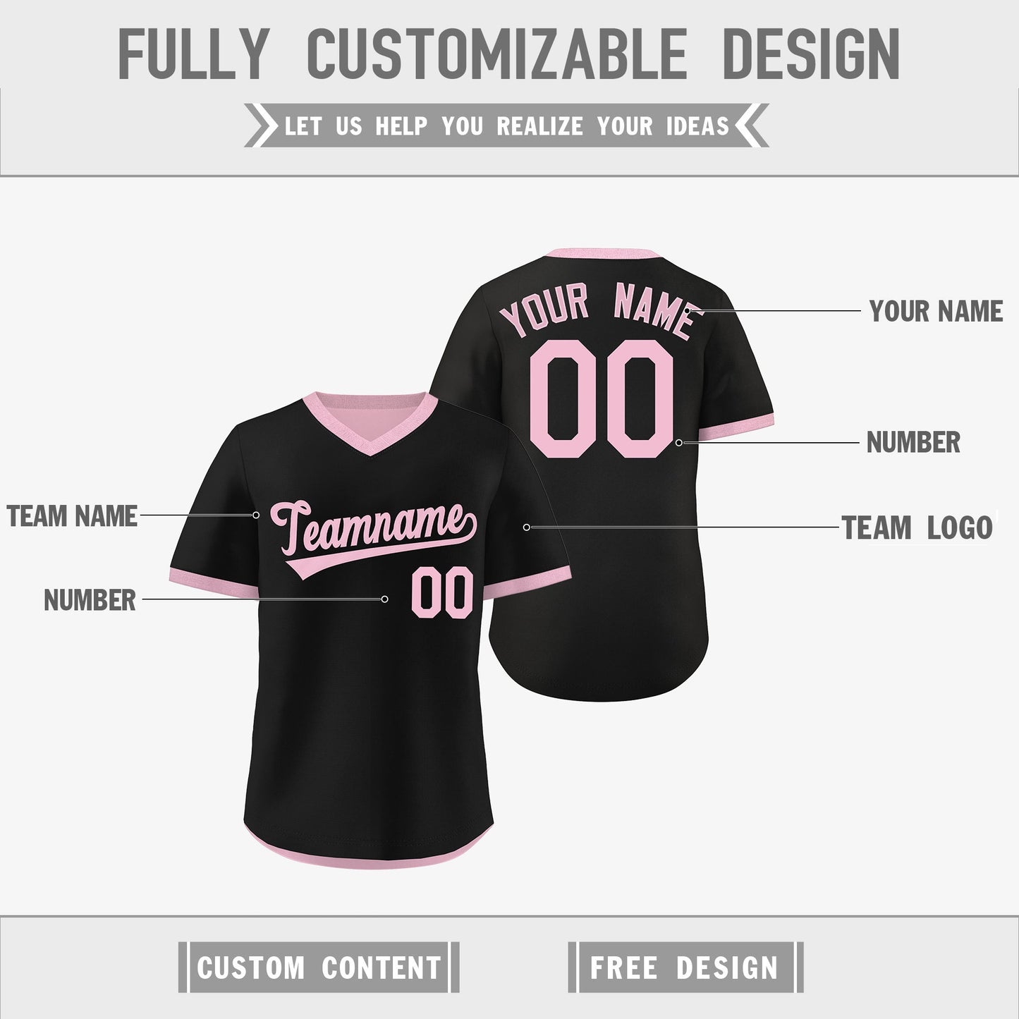 Custom Light Pink Black Reversible Pullover Baseball Jersey Classic Style Breathable