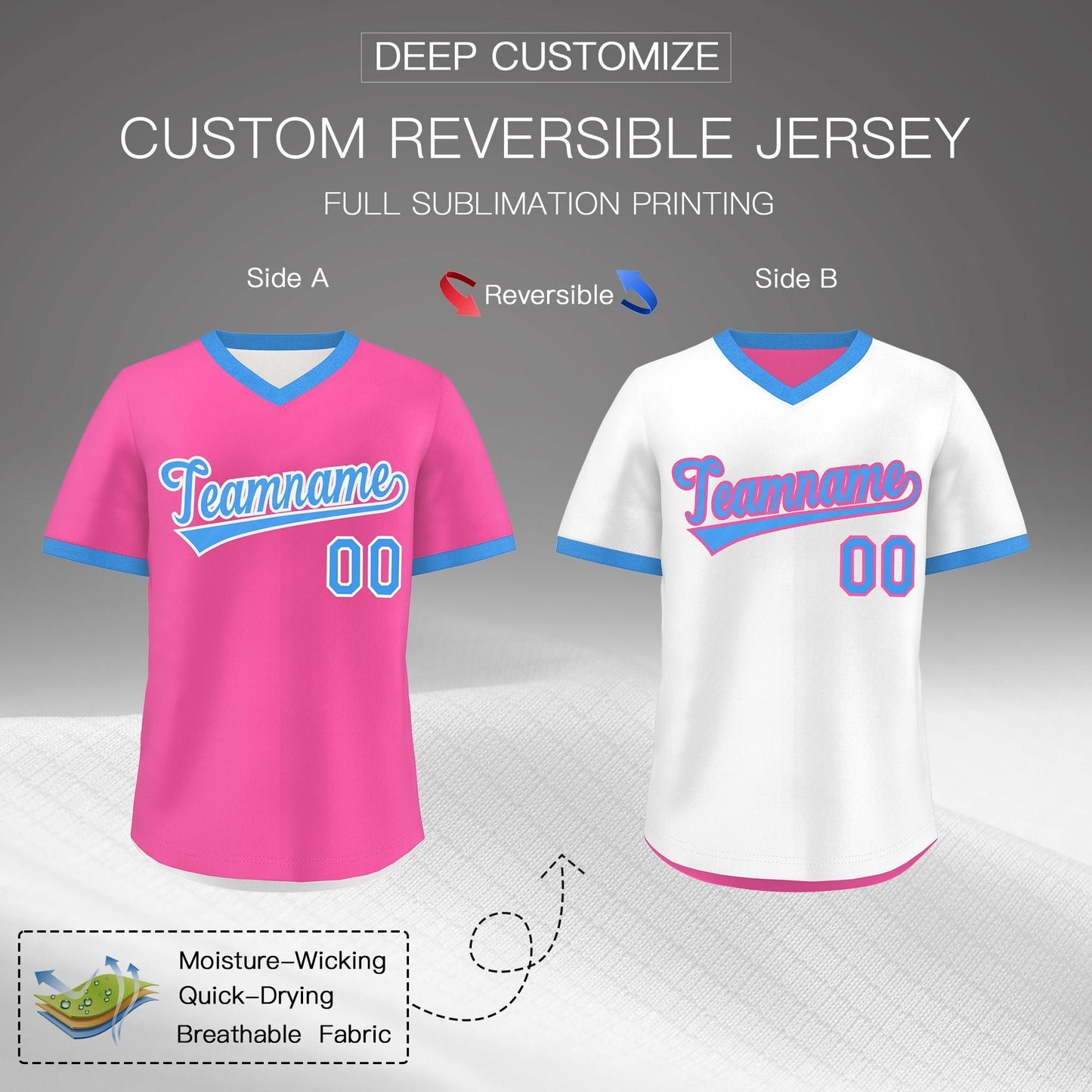 Custom White Pink Powder Blue Reversible Pullover Baseball Jersey Classic Style Quick Dry