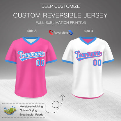Custom White Pink Powder Blue Reversible Pullover Baseball Jersey Classic Style Quick Dry
