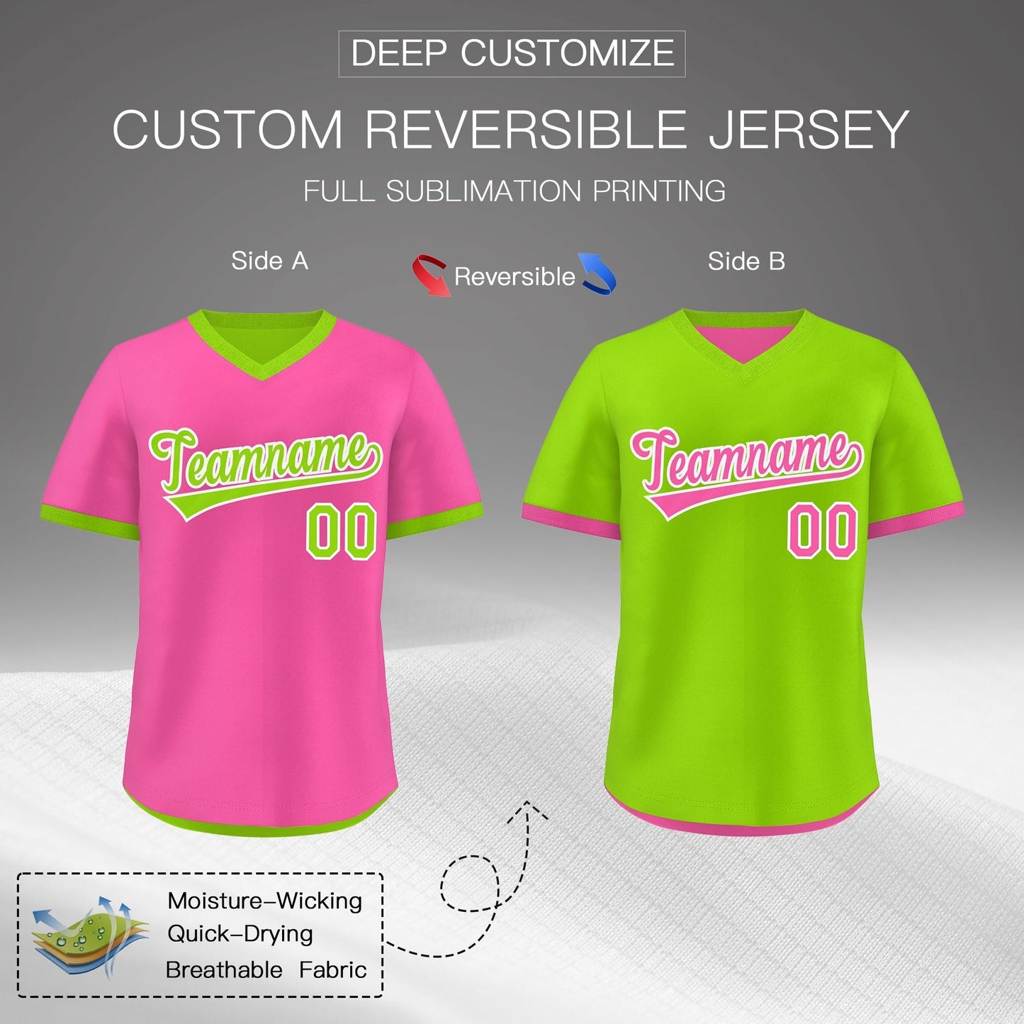 Custom Neon Green Pink Reversible Pullover Baseball Jersey Classic Style Quick Dry