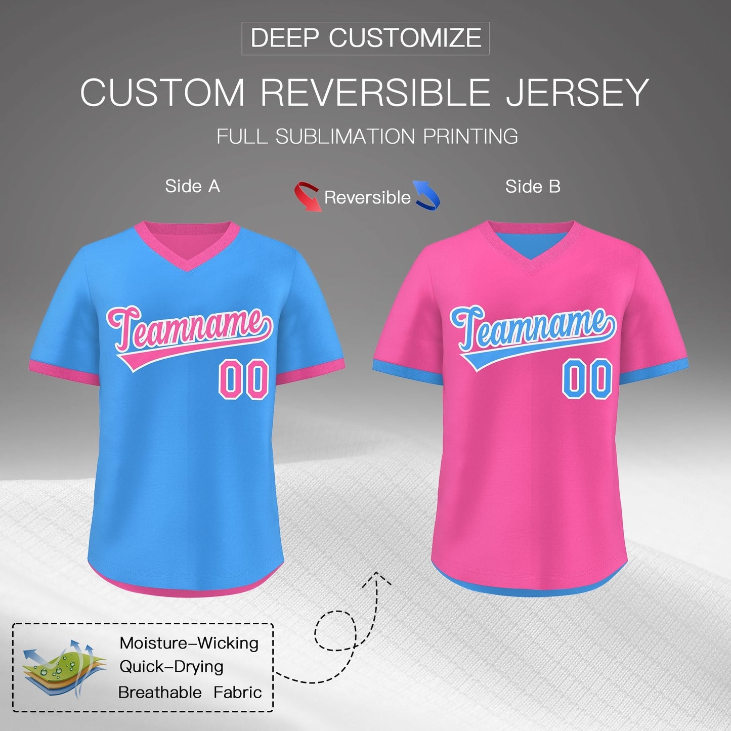 Custom Pink Powder Blue Reversible Pullover Baseball Jersey Classic Style Breathable
