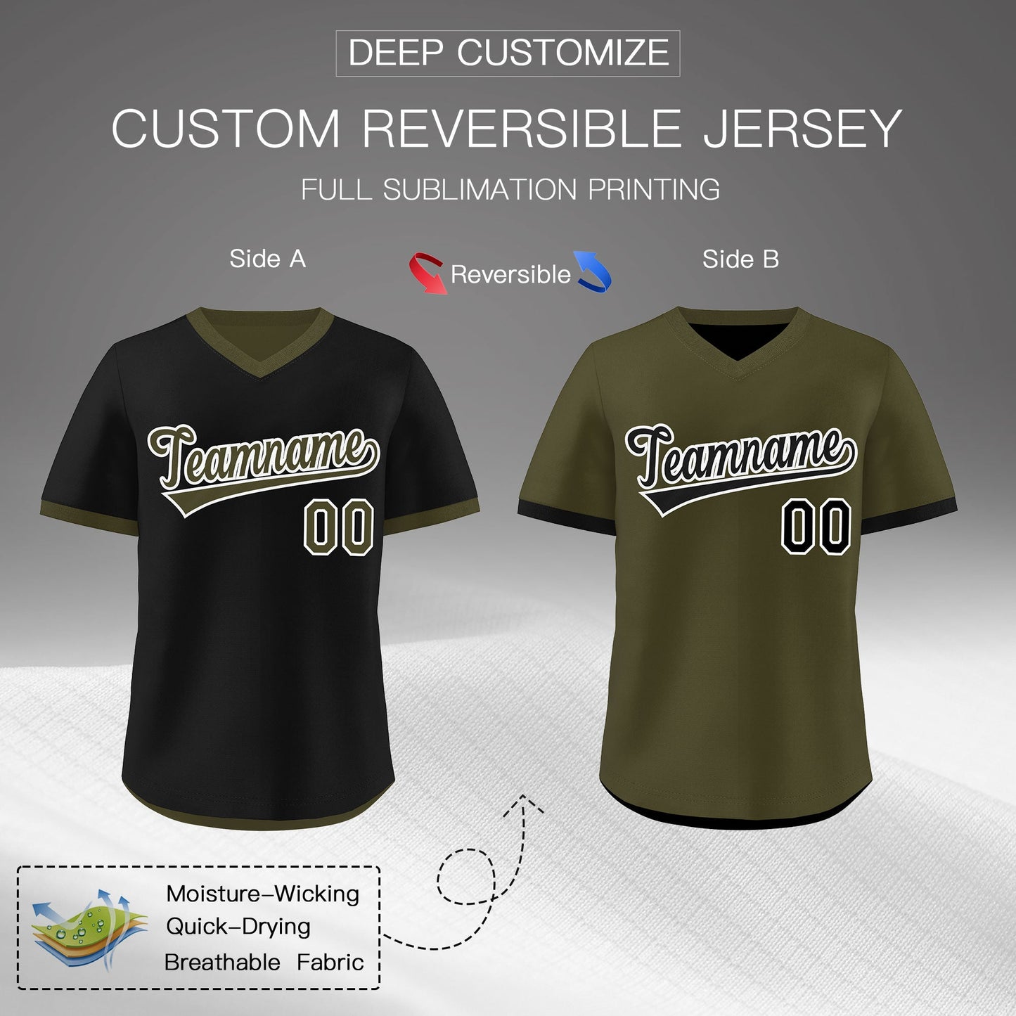 Custom Olive Black Reversible Pullover Baseball Jersey Classic Style Breathable